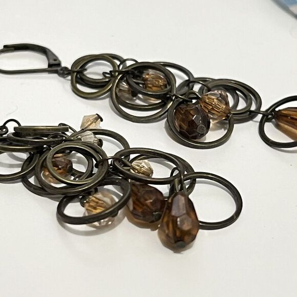 Bronze 2.5”  Dangle Tear Drop Beaded Circle Earrings Brown Metal Boho Casual - Picture 2 of 3